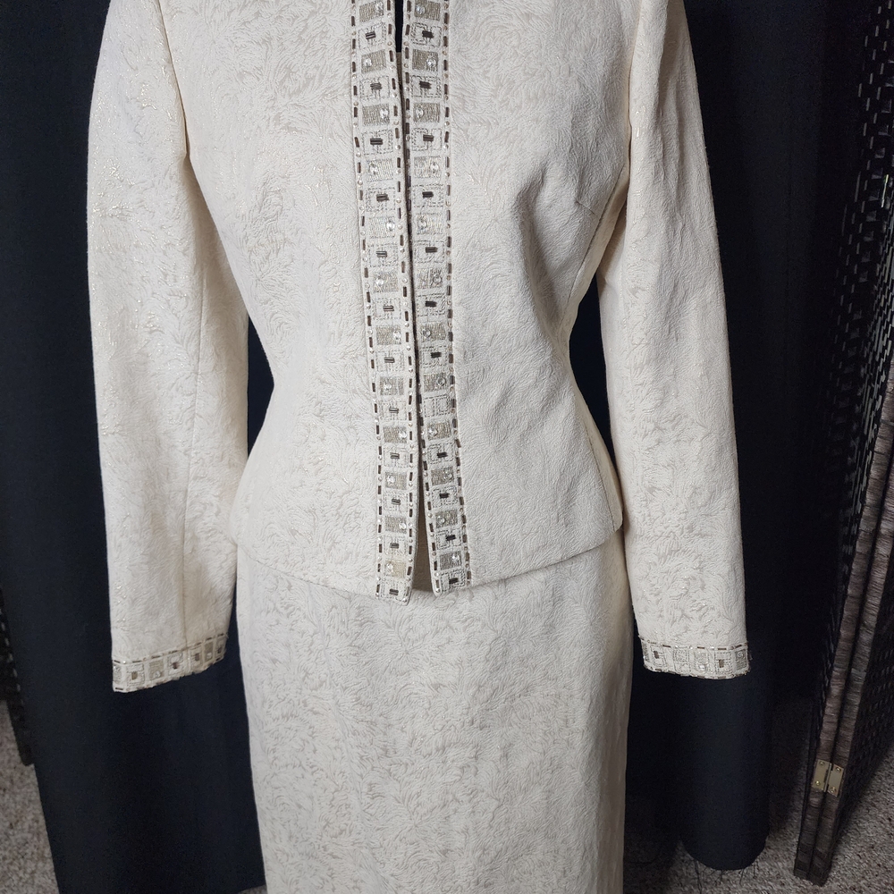 Tahari ASL Cream Skirt Set with Embellished Trim